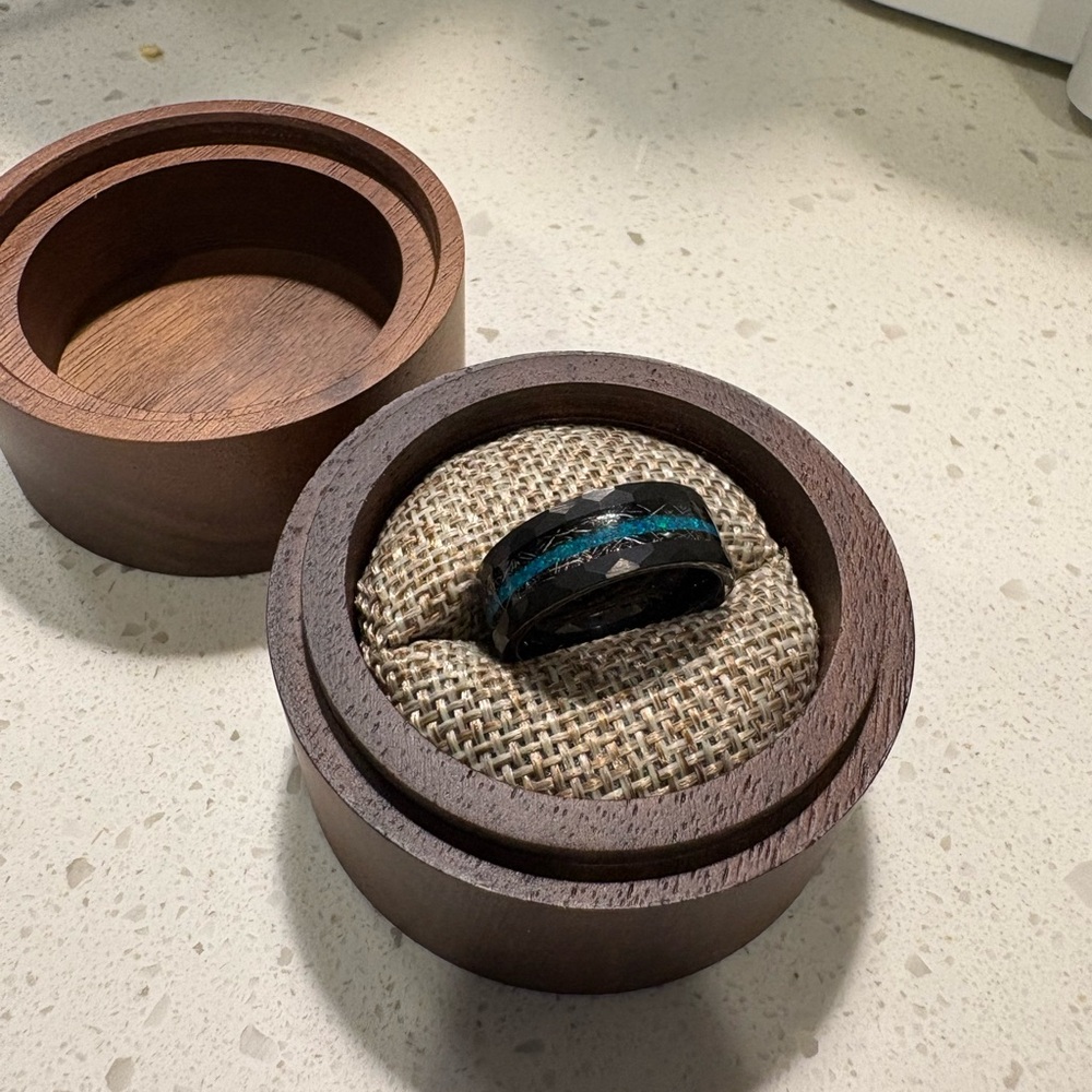Tungsten wedding band with blue accents